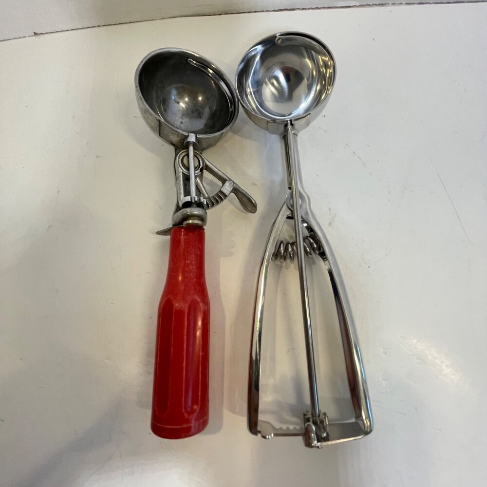 Vintage Trigger-Release Ice Cream Scoops Set Of 2 With Red Handle & Stainless St
